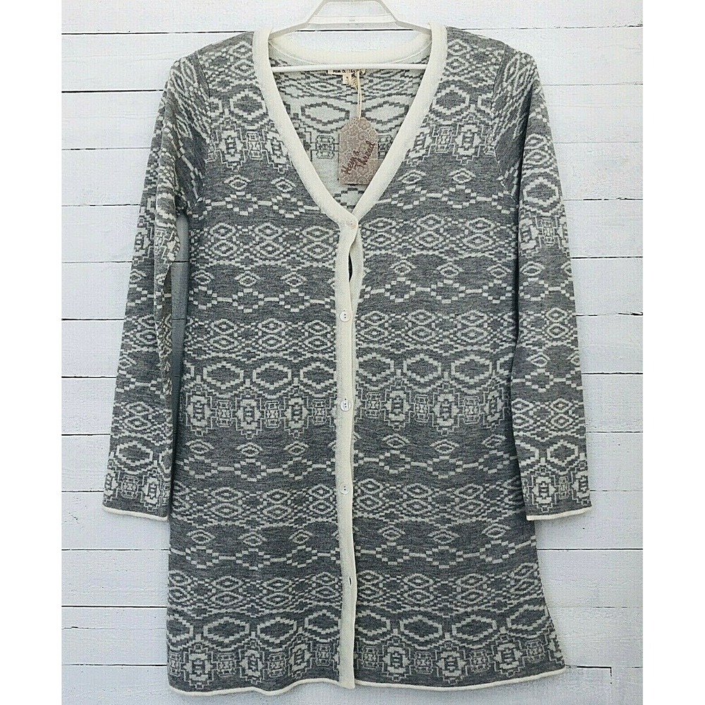 Hem & Thread Womens Sweater Cardigan Medium Gray White Button Down V-Neck NWT